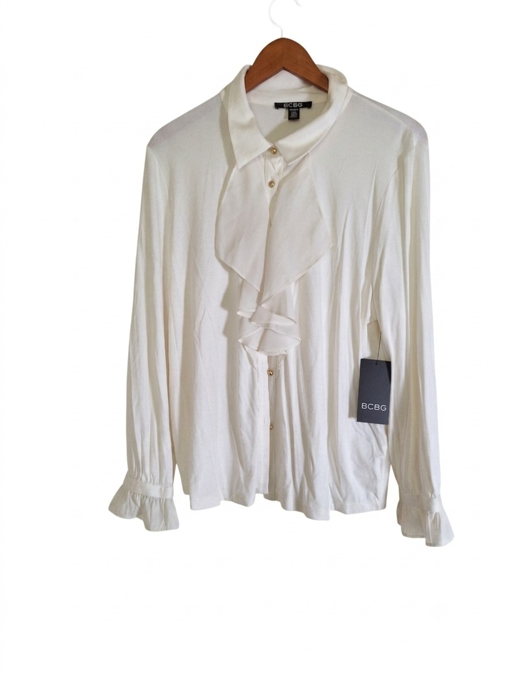 NWT BCBG Off-White Ruffle Button Down Blouse Size XL